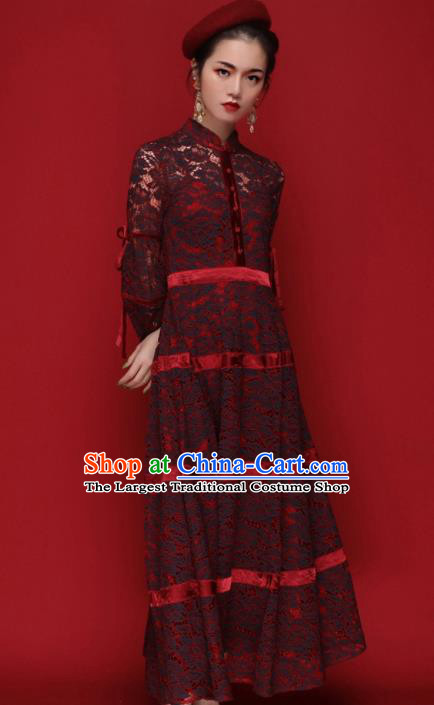 Chinese Traditional Tang Suit Wine Red Lace Cheongsam National Costume Qipao Dress for Women