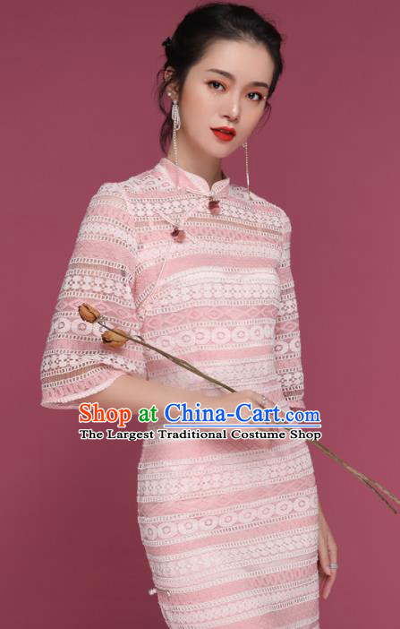 Chinese Traditional Tang Suit Pink Lace Cheongsam National Costume Qipao Dress for Women