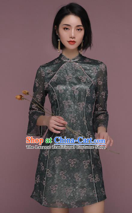 Chinese Traditional Tang Suit Dark Green Lace Cheongsam National Costume Qipao Dress for Women