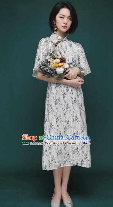 Chinese Traditional Tang Suit Printing White Cheongsam National Costume Qipao Dress for Women