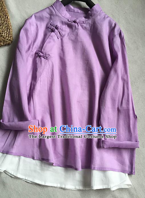 Chinese Traditional Tang Suit Purple Ramie Blouse National Upper Outer Garment Costume for Women