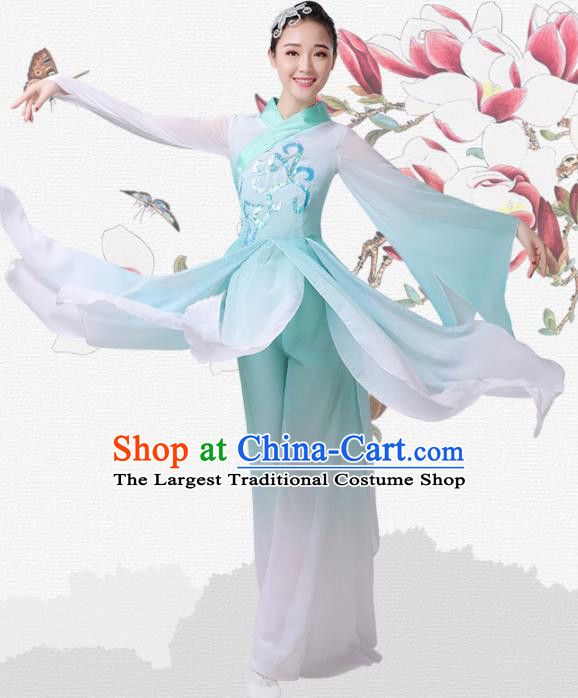 Chinese Traditional Umbrella Dance Light Green Dress Classical Dance Fan Dance Costume for Women