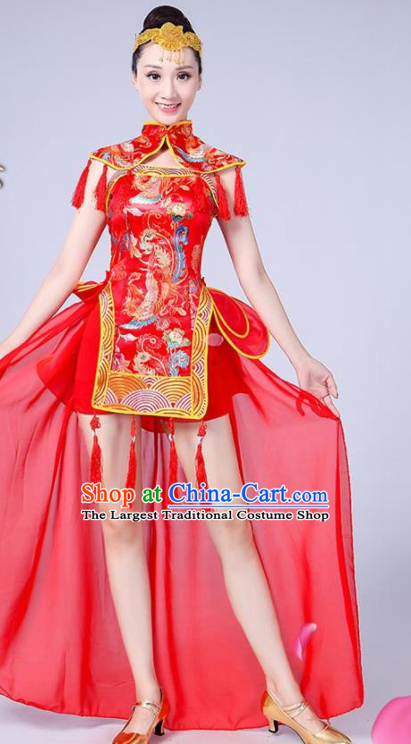 Chinese Traditional Folk Dance Yangko Red Outfits Drum Dance Group Dance Costume for Women