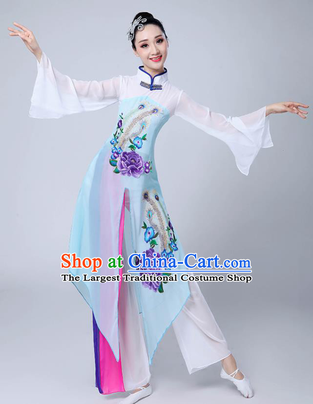 Chinese Traditional Umbrella Dance Stage Show Light Blue Dress Classical Dance Fan Dance Costume for Women