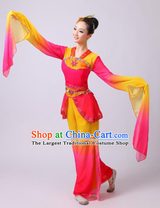 Chinese Traditional Folk Dance Lotus Dance Rosy Outfits Yangko Group Dance Costume for Women