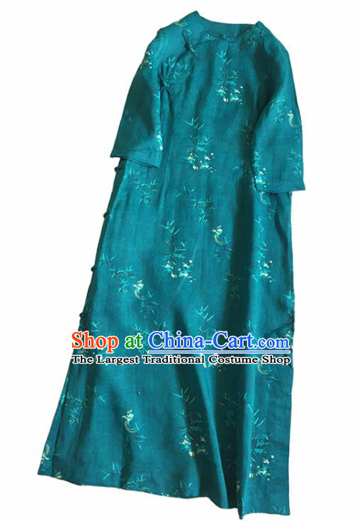 Chinese Traditional Tang Suit Printing Bamboo Plum Atrovirens Ramie Cheongsam National Costume Qipao Dress for Women