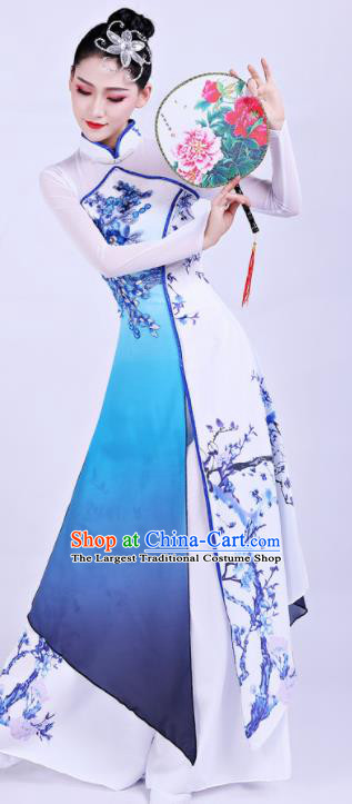 Chinese Traditional Umbrella Dance Blue Dress Classical Dance Round Fan Dance Costume for Women