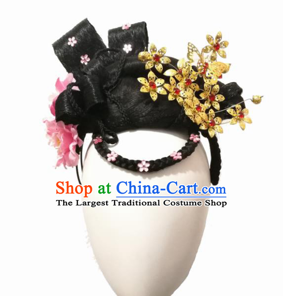 Chinese Traditional Classical Dance Hair Accessories Flying Flower Dance Wig Chignon Headdress for Women