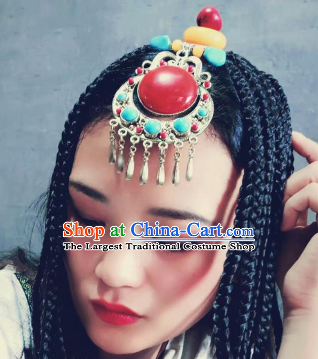 Chinese Traditional Zang Ethnic Wedding Beads Hair Accessories Tibetan Nationality Headwear for Women