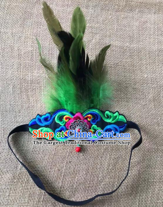 Chinese Traditional Tibetan Ethnic Green Feather Embroidered Hair Clasp Hair Accessories Zang Minority Nationality Headwear for Women