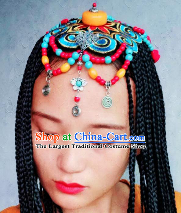 Chinese Traditional Tibetan Ethnic Blue Embroidered Hair Clasp Hair Accessories Zang Minority Nationality Headwear for Women