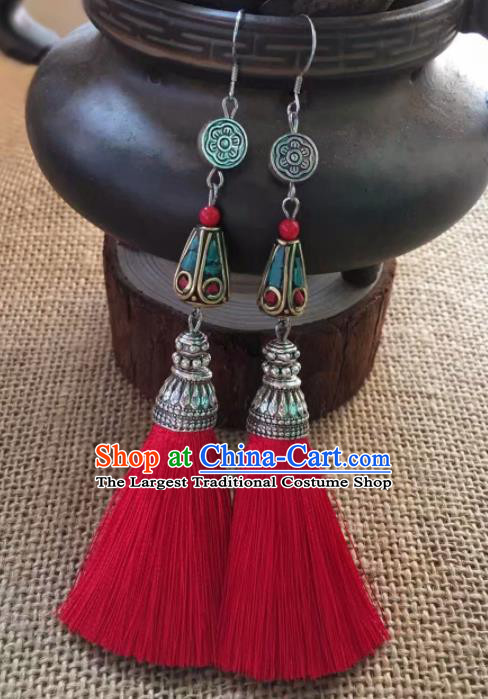 Chinese Traditional Ethnic Ear Accessories Nationality Red Wool Yarn Earrings for Women