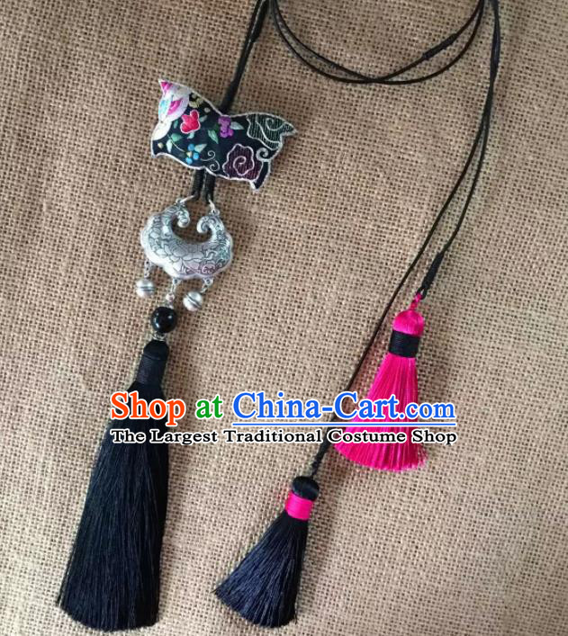 Chinese Traditional Ethnic Embroidered Necklace Accessories Nationality Black Tassel Silver Necklet for Women