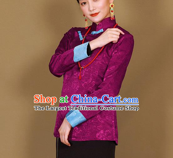 Traditional Chinese Zang Ethnic Purple Shirt Tibetan Minority Upper Outer Garment Costume for Women