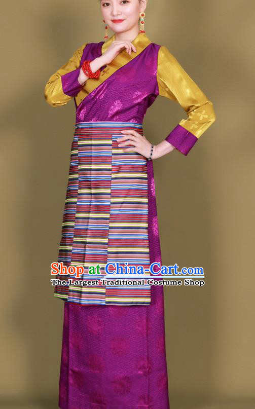 Traditional Chinese Zang Ethnic Kangba Purple Silk Dress Tibetan Minority Folk Dance Costume for Women