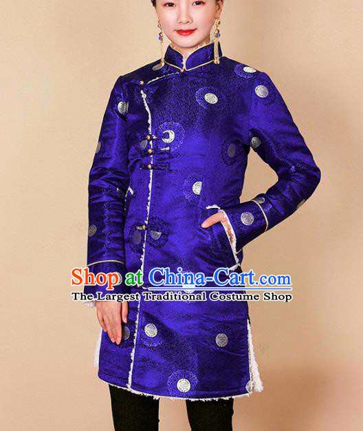 Traditional Chinese Zang Ethnic Royalblue Cotton Padded Jacket Tibetan Minority Upper Outer Garment Winter Costume for Women