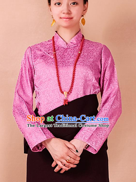 Traditional Chinese Zang Ethnic Pink Blouse Tibetan Minority Folk Dance Shirt Costume for Women