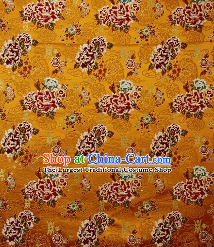 Asian Chinese Traditional Peony Plum Pattern Golden Brocade Tibetan Robe Satin Fabric Silk Material