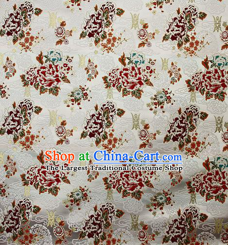 Asian Chinese Traditional Peony Plum Pattern White Brocade Tibetan Robe Satin Fabric Silk Material