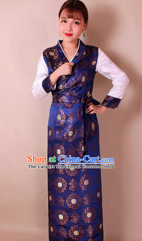 Traditional Chinese Zang Ethnic Royalblue Brocade Bora Dress Tibetan Minority Folk Dance Costume for Women