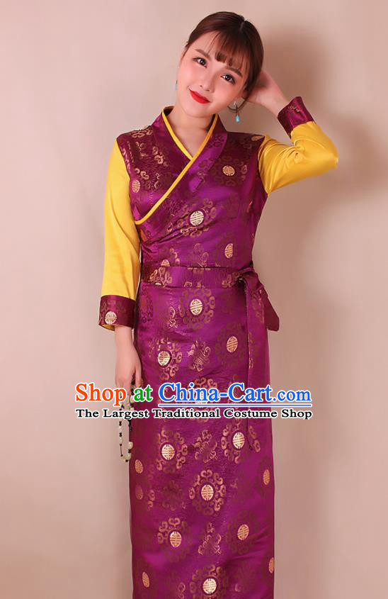 Traditional Chinese Zang Ethnic Purple Brocade Bora Dress Tibetan Minority Folk Dance Costume for Women