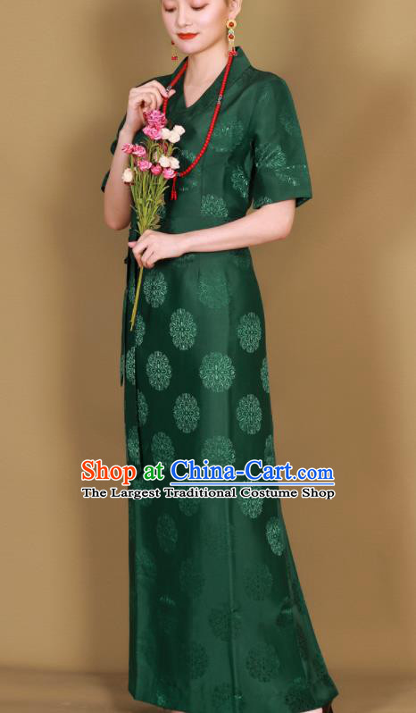 Traditional Chinese Zang Ethnic Green Guozhuang Dress Tibetan Minority Folk Dance Costume for Women