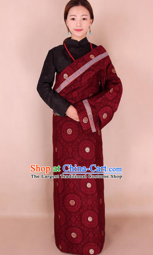 Traditional Chinese Zang Ethnic Guozhuang Purplish Red Robe Tibetan Minority Folk Dance Costume for Women