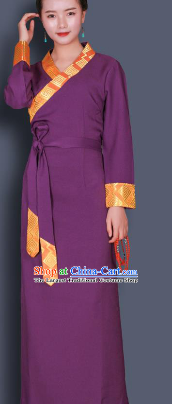 Traditional Chinese Zang Ethnic Kangba Purple Dress Tibetan Minority Folk Dance Costume for Women