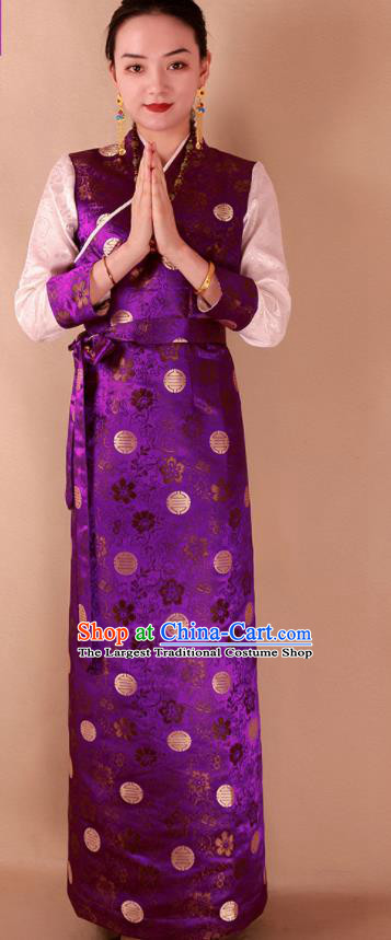 Traditional Chinese Zang Ethnic Purple Brocade Dress Tibetan Minority Kangba Folk Dance Costume for Women