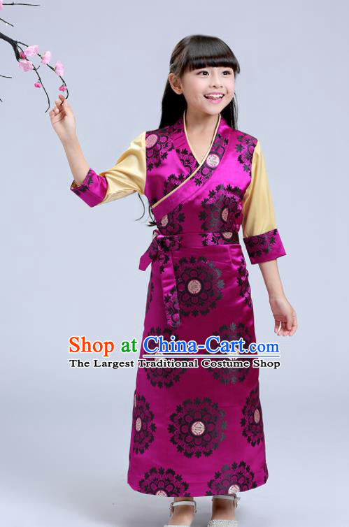 Traditional Chinese Zang Ethnic Girls Rosy Brocade Dress Tibetan Minority Folk Dance Costume for Kids