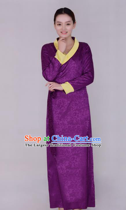 Traditional Chinese Zang Ethnic Folk Dance Purple Dress Tibetan Minority Costume for Women