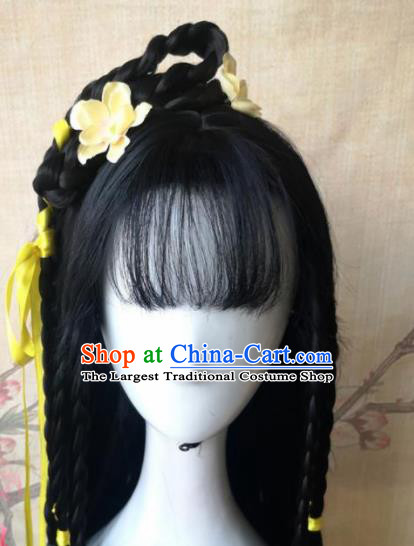 Chinese Traditional Cosplay Female Knight Huang Rong Wigs Ancient Swordswoman Wig Sheath Hair Accessories for Women