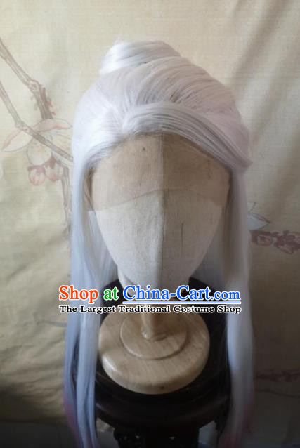 Traditional Chinese Cosplay Game Knight Patriarch White Wigs Ancient Swordsman Wig Sheath Hair Accessories for Men