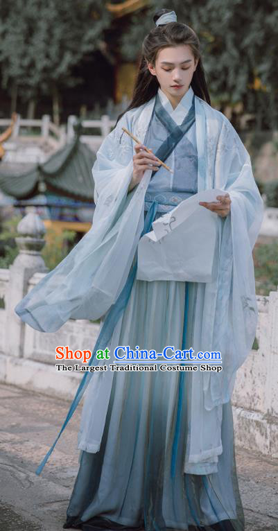 Traditional Chinese Jin Dynasty Nobility Childe Blue Hanfu Clothing Ancient Swordsman Prince Replica Costumes for Men