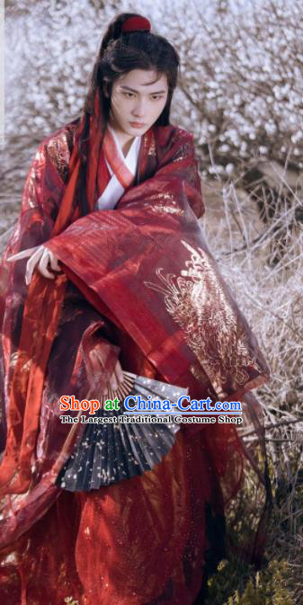 Traditional Chinese Jin Dynasty Swordsman Red Hanfu Clothing Ancient Nobility Childe Prince Wedding Replica Costumes for Men