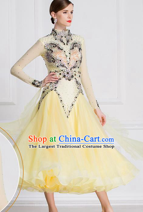 Top Grade International Waltz Dance Light Yellow Dress Ballroom Dance Modern Dance Competition Costume for Women