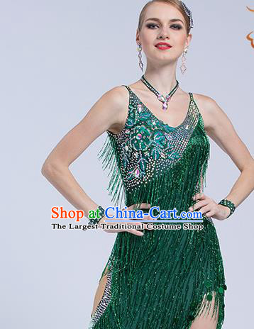 Top Grade Latin Dance Competition Cha Cha Green Tassel Dress Modern Dance International Ballroom Dance Costume for Women