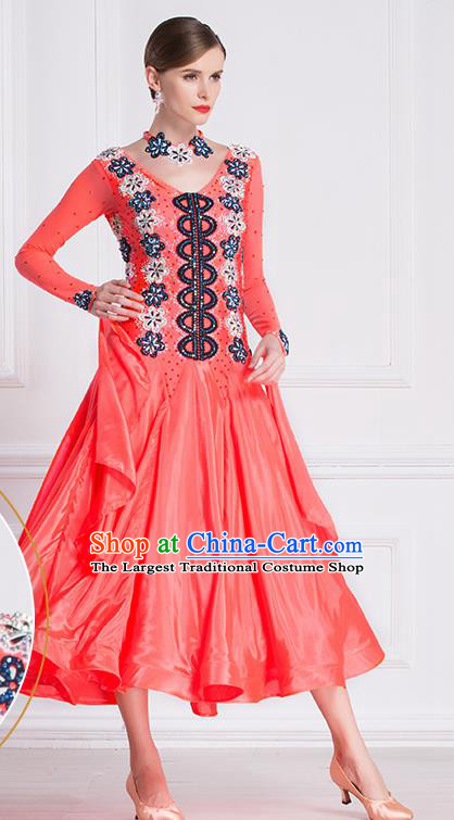 Top Grade International Waltz Dance Watermelon Red Dress Ballroom Dance Modern Dance Competition Costume for Women