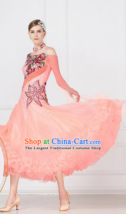 Professional International Waltz Dance Light Pink Dress Ballroom Dance Modern Dance Competition Costume for Women