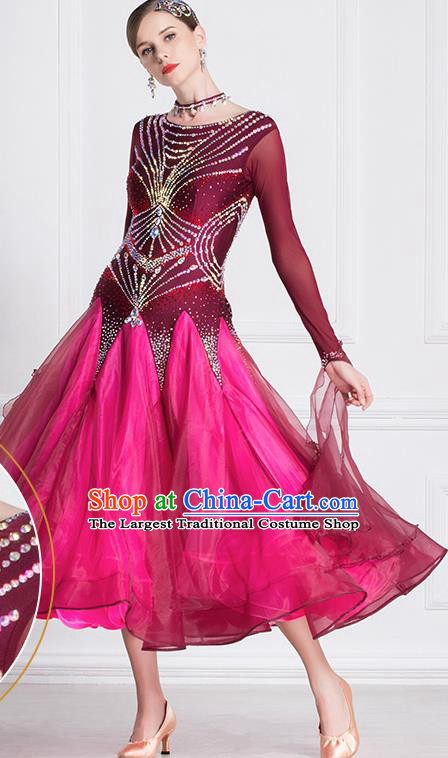 Professional International Waltz Dance Wine Red Dress Ballroom Dance Modern Dance Competition Costume for Women