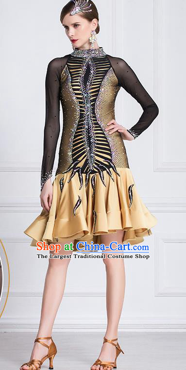 Top Grade Latin Dance Competition Golden Dress Modern Dance International Ballroom Dance Costume for Women