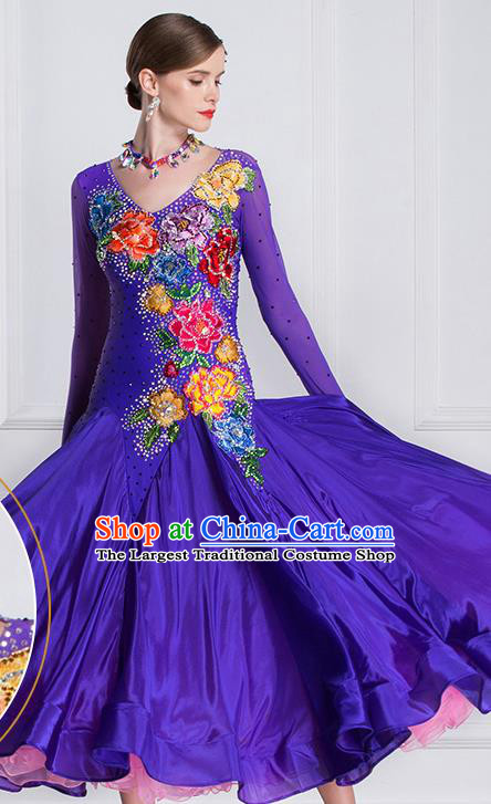 Professional Modern Dance Waltz Purple Dress International Ballroom Dance Competition Costume for Women