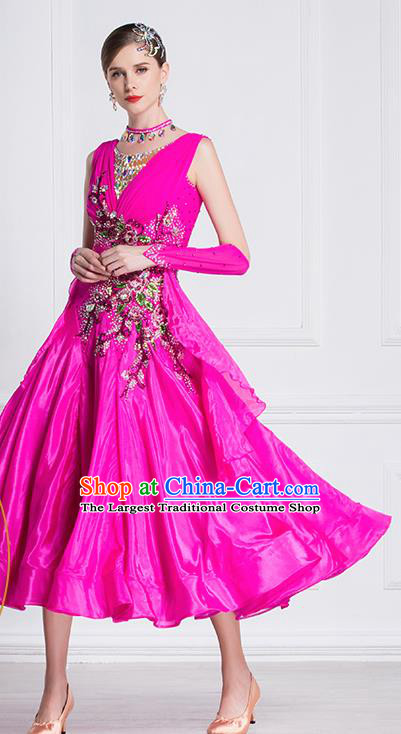 Professional Modern Dance Waltz Rosy Dress International Ballroom Dance Competition Costume for Women