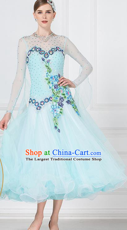 Professional International Waltz Dance Light Blue Dress Ballroom Dance Modern Dance Competition Costume for Women