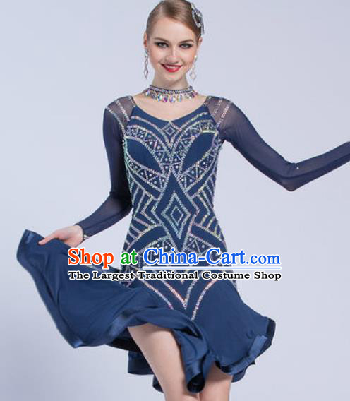 Top Latin Dance Competition Navy Dress Modern Dance International Rumba Dance Costume for Women