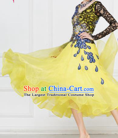 Professional Modern Dance Waltz Yellow Dress International Ballroom Dance Competition Costume for Women