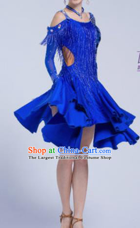 Top Latin Dance Competition Royalblue Tassel Dress Modern Dance International Rumba Dance Costume for Women