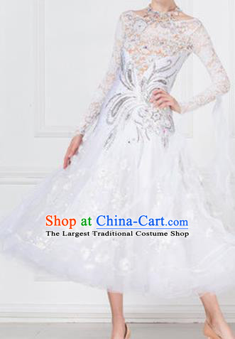 Professional Modern Dance Waltz White Lace Dress International Ballroom Dance Competition Costume for Women