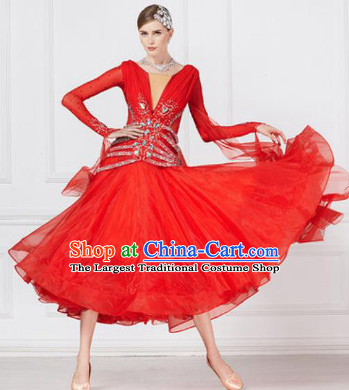 Professional Modern Dance Waltz Red Dress International Ballroom Dance Competition Costume for Women