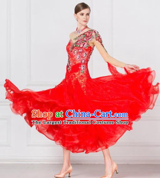 Top Grade Modern Dance Red Lace Dress Ballroom Dance International Waltz Competition Costume for Women